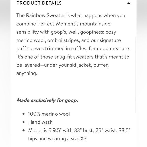 NEW Goop × Perfect Moment Striped Ruffle Sleeve Rainbow Wool Sweater XS - Picture 15 of 16